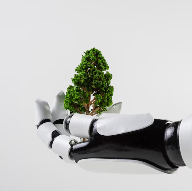 A robot holding a miniature tree