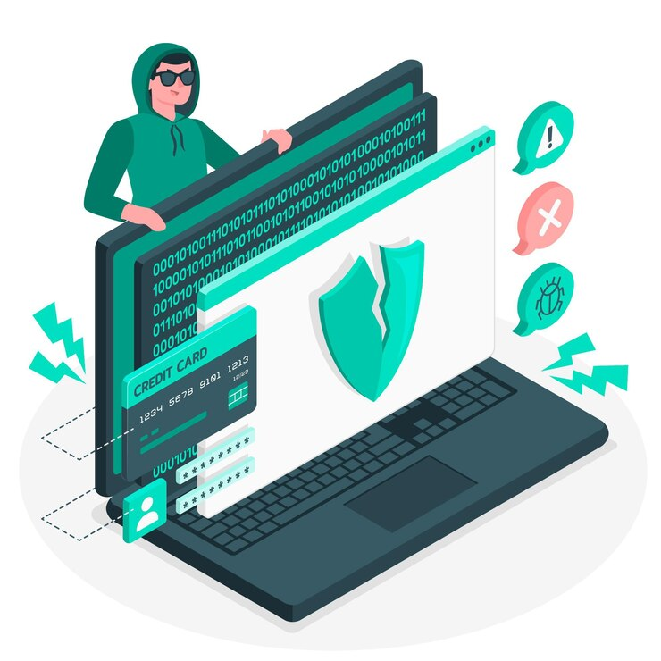 Illustration of a cyber-attack concept, showing a computer being breached, representing the ongoing threat of cybercrime.