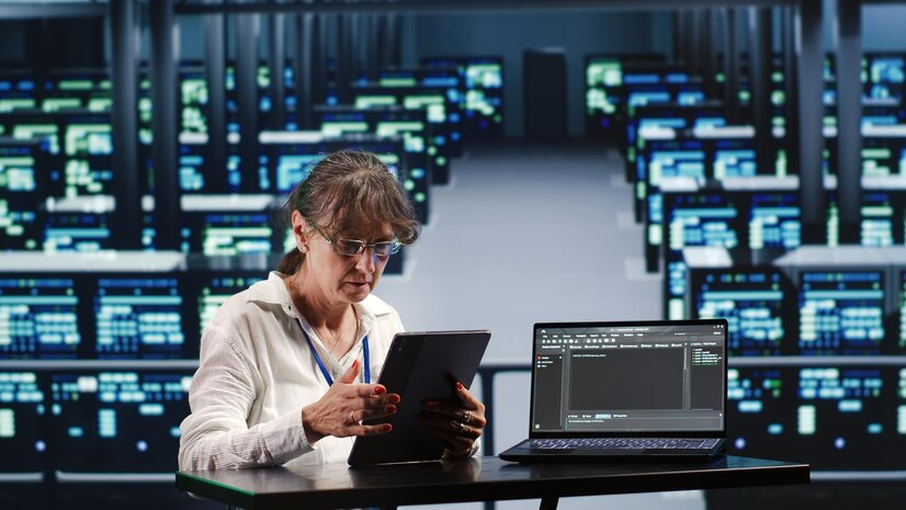 An IT specialist running advanced code in a server farm with glowing equipment in the background.